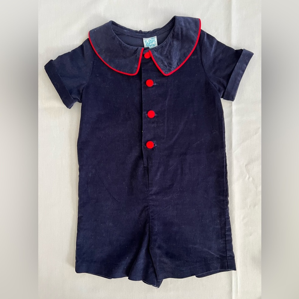 Ragland Navy Blue Corduroy Romper Shortall with Red Accents